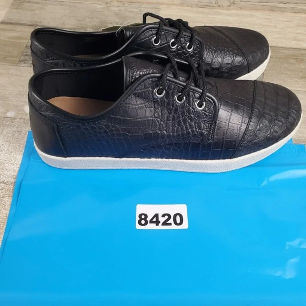 Toms Paseo Mens Casual Shoes Sz 10.5 Black Croc Embossed Leather Lace-Up Sneaker